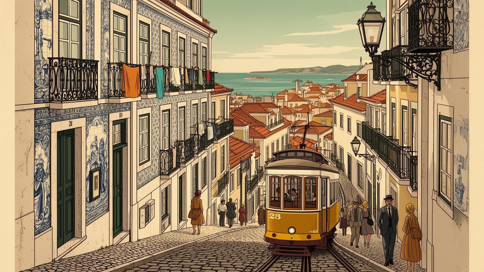 Vintage illustrated Lisbon street with tram 28